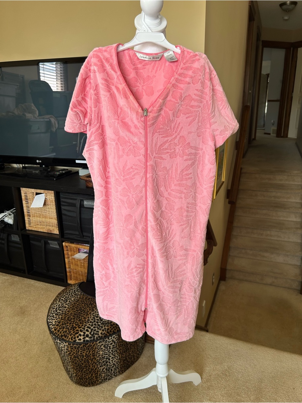 Soft Pink Floral Terry Zip Romper/House Coat/ House Dress